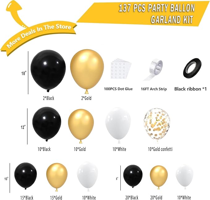 Black Gold White Balloon Arch Kit,137 Pcs Balloon Garland Kit Confetti Metallic with Balloons Tape for Wedding, Birthday,Graduation,New Years,Special Events Party Decoration
