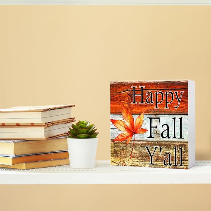 Funny Autumn Maple Leaves Wood Box Sign Happy Fall Y'all Wooden Block Desk Decor for Home Office Kitchen Cubicle Table Shelf Tabletop,Farmhouse Fall Sign Decor