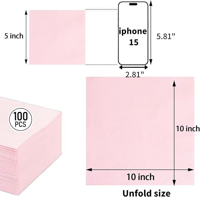 FLOWERCAT 100-Count 2-Ply Pink Cocktail Napkins - Beverage Napkins Disposable Premium Quality - 5" x 5" Pink Paper Napkins for Party & Mother's Day,Bar,Weddings,Birthday