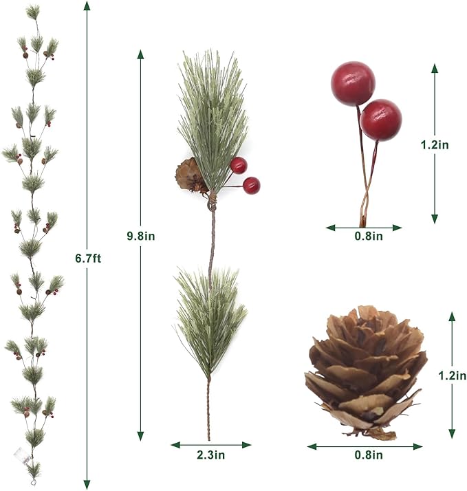 6.4 FT Artificial Cedar Garlands, Real Touch Winter Pine Garland with Red Berries, Green Greenery Garland for Table, Mantle, Wall, Indoor, Outdoor Christmas Decorations