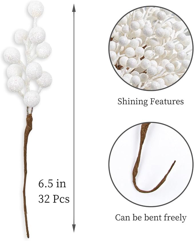 VioletEverGarden 32 Pack Glitter Christmas Picks 6.5 Inch Christmas Berry Stems White Artificial Berry Stems for Holiday Xmas Tree Home Decorations