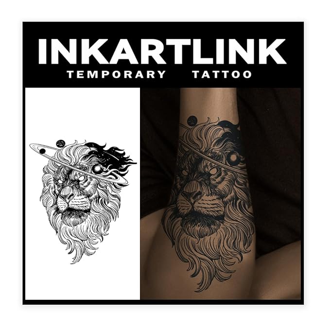 INKARTLINK Tattoo Tech, 2 Sheets Large Semi Permanent Tattoo, Adult Art Design Temporary Tattoos, Lasts 1-2 Weeks, Waterproof, Realistic Look, No Adhesive, No Reflection (Lion Design)