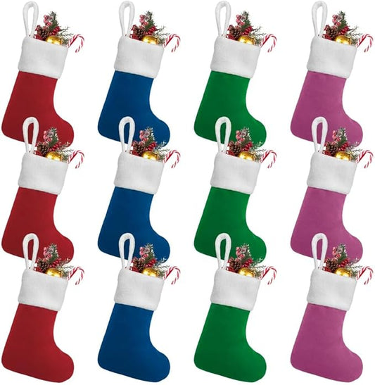 12Pack Mini Christmas Stockings 7" Traditional Xmas Stocking for Family Holiday Party Decor and Xmas Tree Fireplace Merry Christmas Ornament Gifts(Multi-Mini)