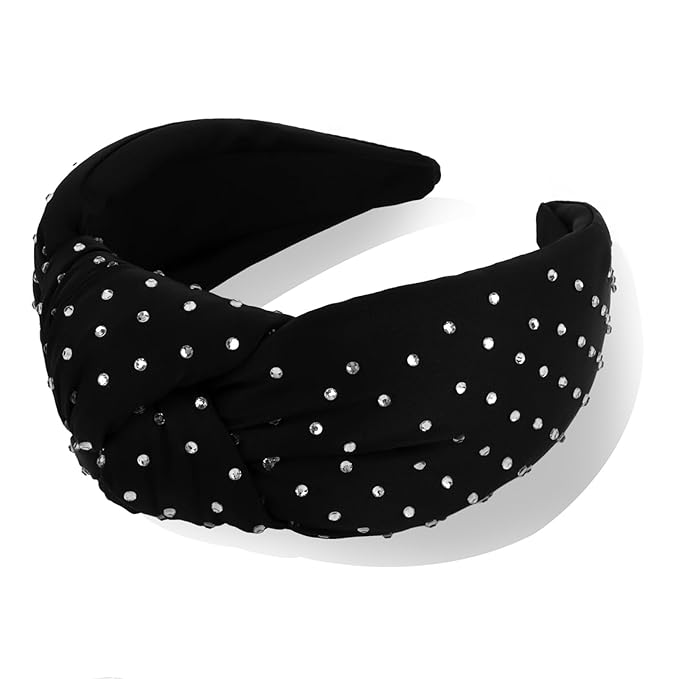 YISSION Black Rhinestone Knotted Headband for Women, Sparkly Crystal Embellished Hair Hoop, Elegant Wide Top Knot Hair Accessory for Party, Wedding, Daily Styling