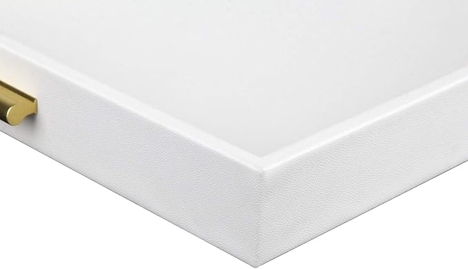 HofferRuffer Extra Large Serving Tray with Handles, Elegant Faux Leather Storage Decorative Tray for Coffee Table, Ottoman, Console Table (White Tray+Golden Handle)
