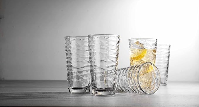 Glaver's Hammered Glass Cups. Cocktail Drinking Glasses Set of 6 Tall Kitchen Glasses, 17 oz Water Glassware For Bar, Juice, Beer, Iced Tea, Everyday Cordial Glasses Drinkware.