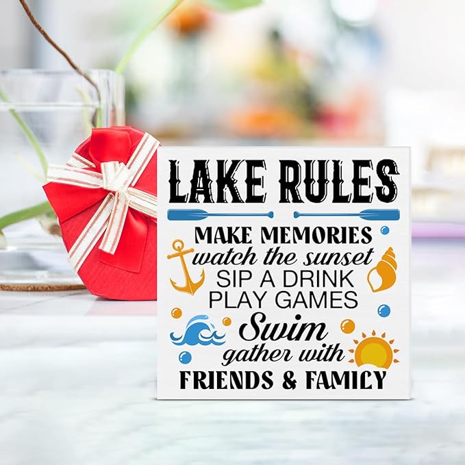 Summer Lake Decor Lake House Wood Block Sign Lake Rules Decorations for Home Desk Table Shelf 5 x 5 Inches