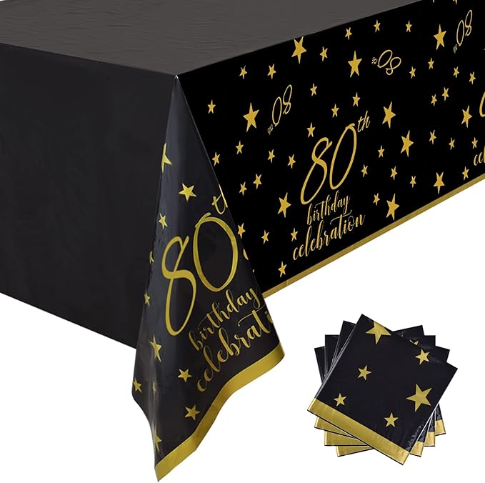 Gatherfun 80th Birthday Disposable Tablecloth 4 Pack Gold and Black Waterproof Plastic Table Cover for Men Woman 80 Birthday Party Decorations