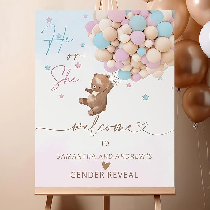 Gender Reveal Welcome Sign – Teddy Bear Balloon Theme,Personalized Teddy Bear Gender Reveal Welcome Sign, He or She Yard Sign, Boy or Girl Gender Reveal Sign, We Can Bearly Wait Gender Reveal .1