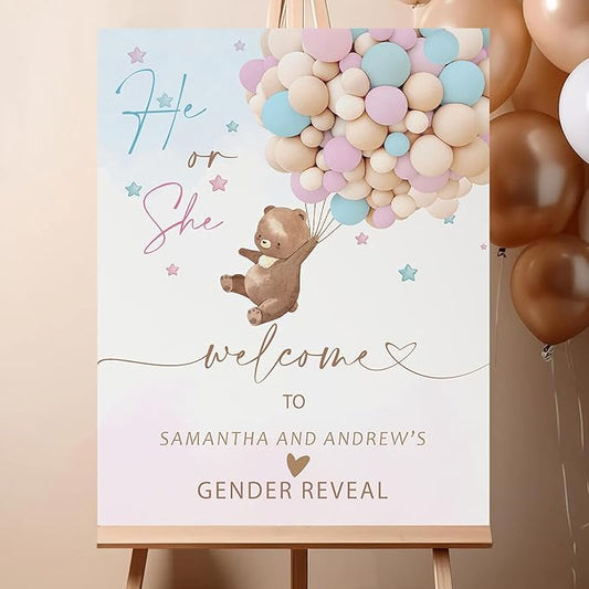 Gender Reveal Welcome Sign – Teddy Bear Balloon Theme,Personalized Teddy Bear Gender Reveal Welcome Sign, He or She Yard Sign, Boy or Girl Gender Reveal Sign, We Can Bearly Wait Gender Reveal .1