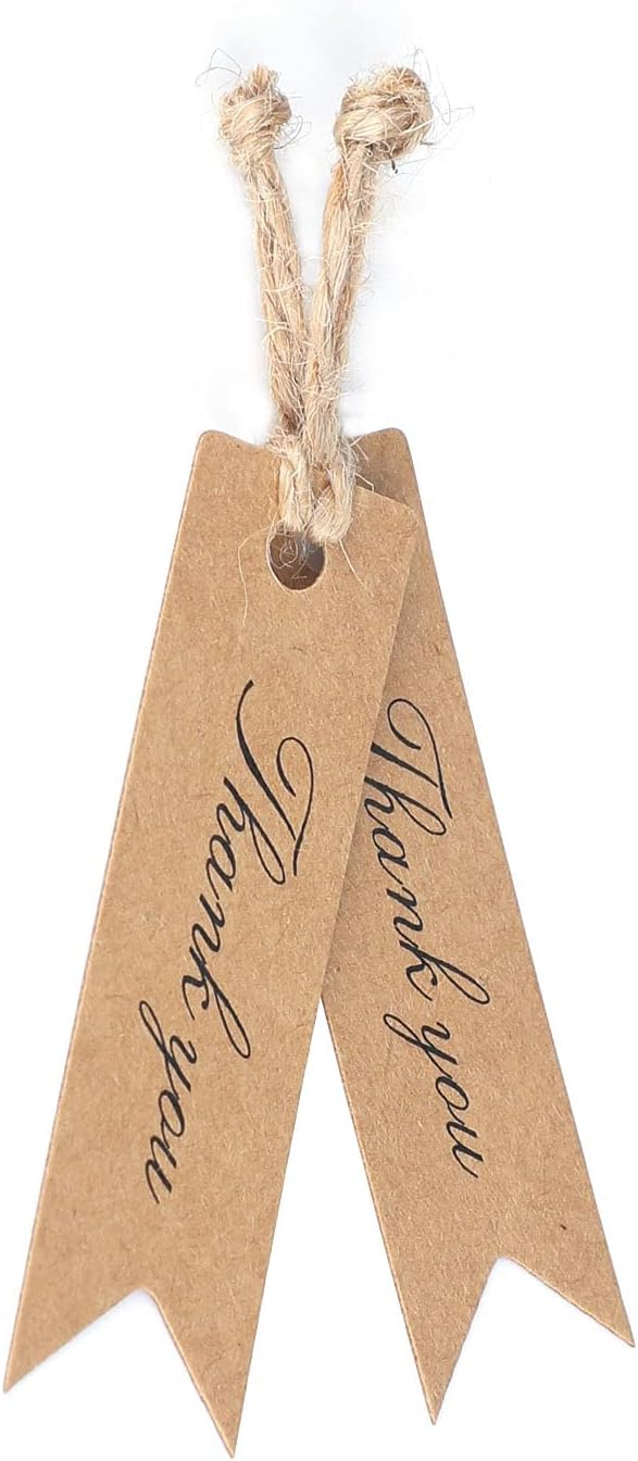 G2PLUS Mini Thank You Tags, 100PCS Small Gift Tags with String, Paper Hang Tag, Kraft Paper Gift Tag with Jute Twine for Arts and Crafts, Wedding, Christmas, Thanksgiving (Brown)
