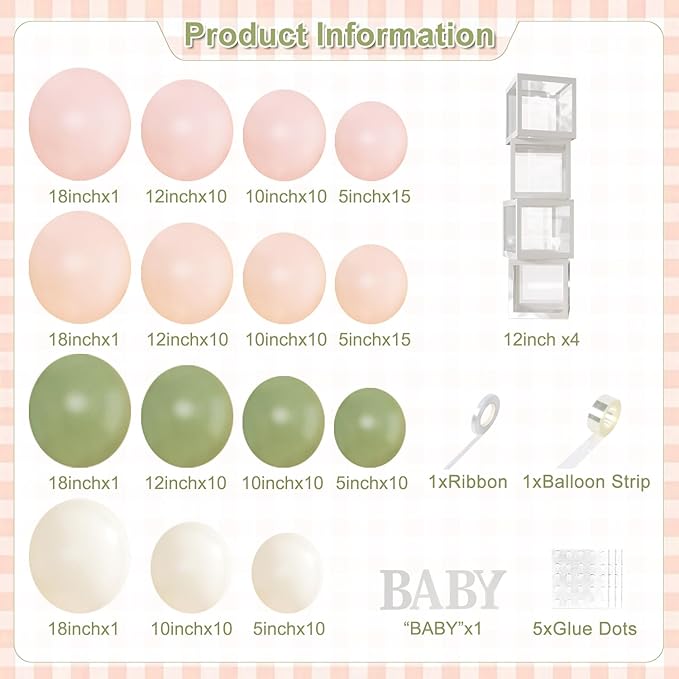 Pink and Sage Green Balloon Arch Garland Kit, 132Pcs Wildflower Baby Shower Decorations for Girl Boxes with Letters for Boho Baby Shower Gender Reveal Birthday Party Decorations