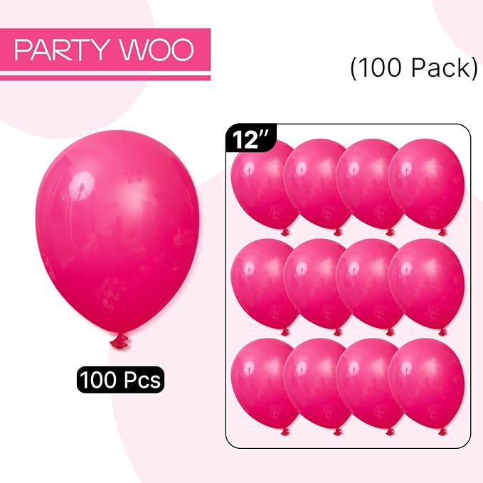 PartyWoo Hot Pink Balloons 100 pcs 12 Inch Magenta Balloons for Dark Pink Balloon Birthday Baby Shower Fuchsia Balloon Valentine's Day Princess Party Bachelorette Engagement Party Decorations Pink-Y12