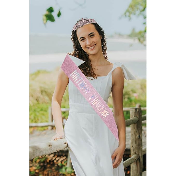 Birthday Queen Tiara & Sash for Women Girls, Rhinestone Headband Princess Crown with comb Happy Birthday Party Decorations Favors Supplies (Pink)