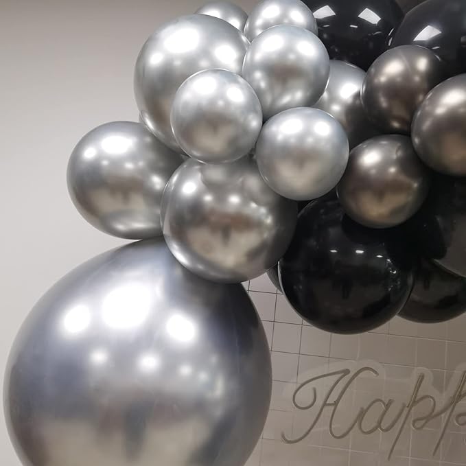 Black and Silver Balloons Garland Arch Kit, 135 Pcs Latex Balloon Different Sizes for Graduation Birthday Anniversary New Year Party Decors