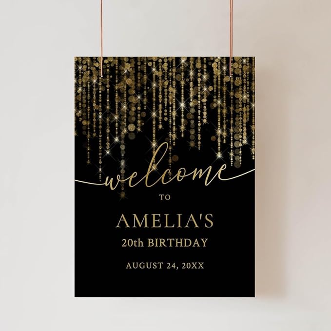 Black and Gold Birthday Party Welcome Sign, Birthday Sign Decoration, Custom Brithday Welcome Sign for party