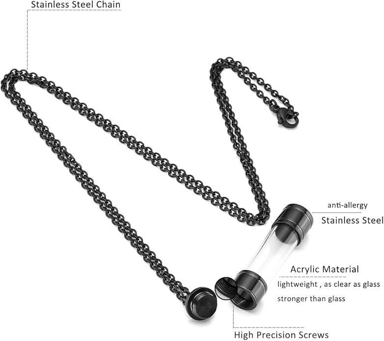 Zysta Engraving Acrylic Clear Tube Cremation Necklace Personalized Ash Urn Cylinder Container Vial Bottle Pendant Necklaces Customized Memorial Keepsake Vial Locket Stainless Steel 24 inches Chain