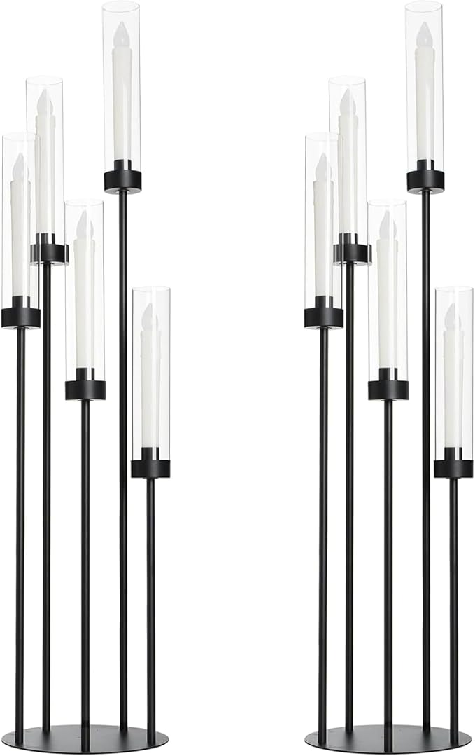 39.8''Matte Black Candle Holder with Acrylic Shades Tall 5 Arm Candelabra Black Table Centerpiece 2PCS for Wedding Living Dining Room Fireplace Decoration Fit 0.98''LED Taper Candle