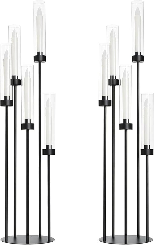39.8''Matte Black Candle Holder with Acrylic Shades Tall 5 Arm Candelabra Black Table Centerpiece 2PCS for Wedding Living Dining Room Fireplace Decoration Fit 0.98''LED Taper Candle