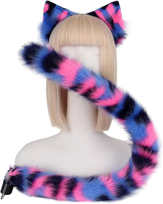 QinRuan Animal Cosplay Costume Accessories Furry Faux Fur Cat Ears Headband and Fox Tail Set Halloween Accessory