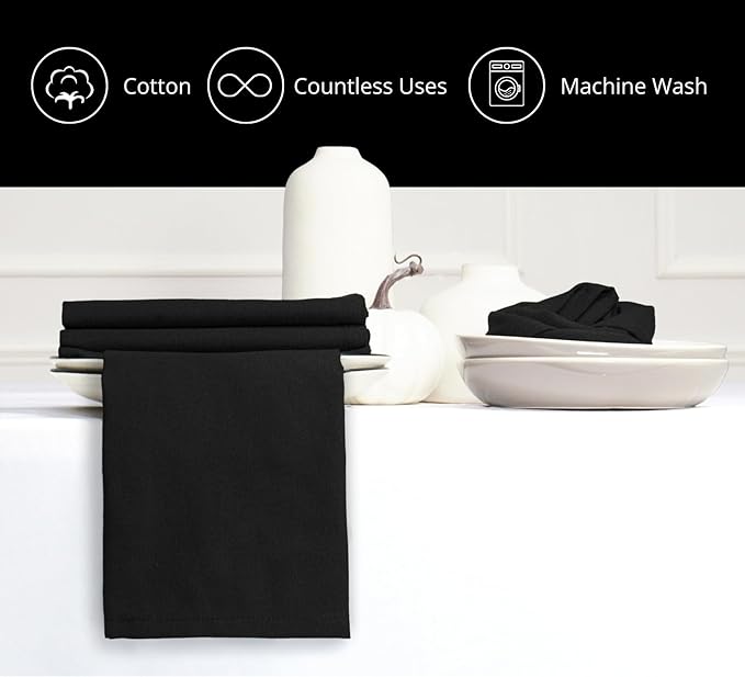 PurpleEssences Set of 12 Cloth Dinner Napkins 100% Cotton 18x18 Inch - Soft Durable Washable - Ideal for Farmhouse Party Christmas Holiday Winter - Perfect Everyday Use Table Linen - Black
