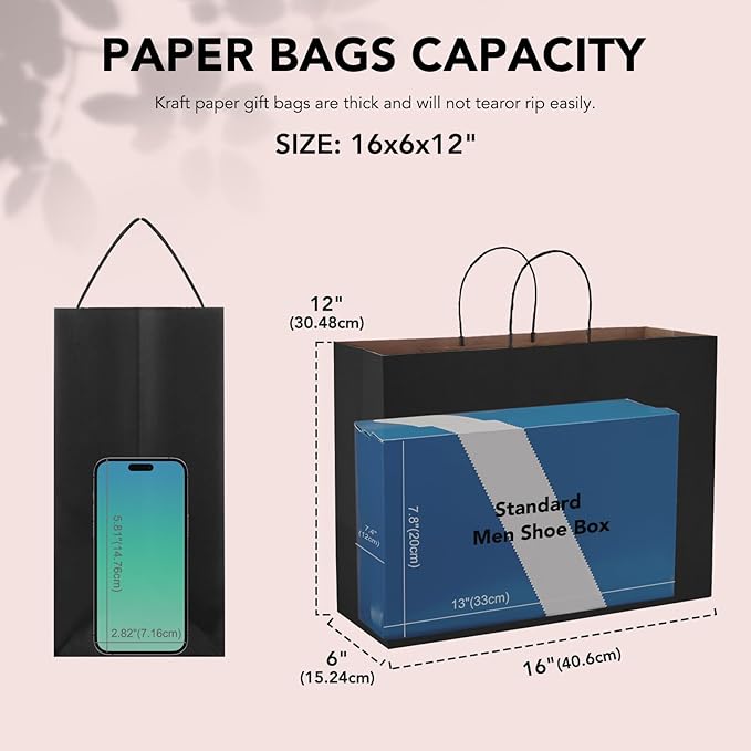 METRONIC 100 Pack 16X6X12 Large Black Paper Gift Bags, Kraft Shopping Bag with Handles for Small Business, Boutique, Gift Wrap, Bulk