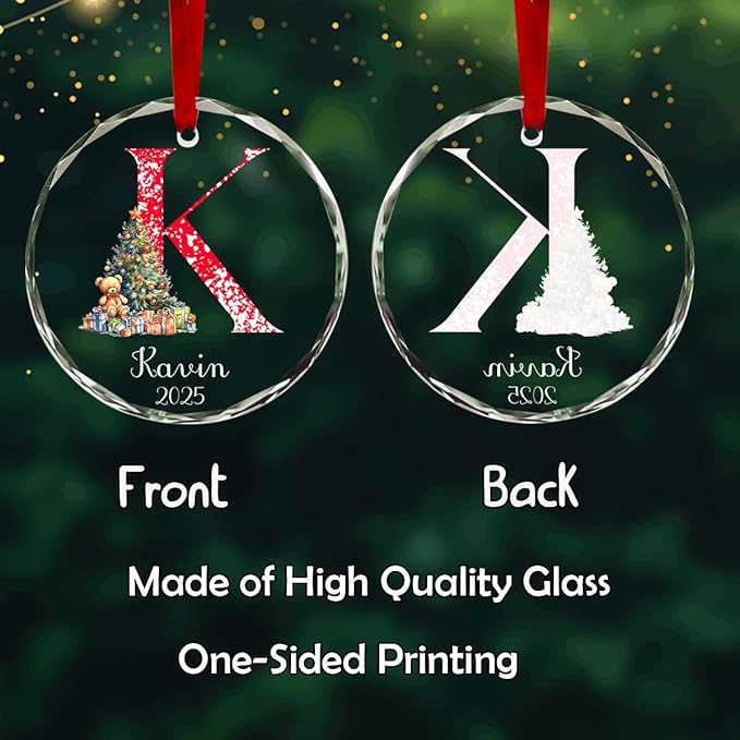 Personalized Round Christmas Crystal Glass Ornaments Custom 2025 Name Ornament for Christmas Tree Decorations Customized Xmas Tree Hanging Gifts for Family Friends