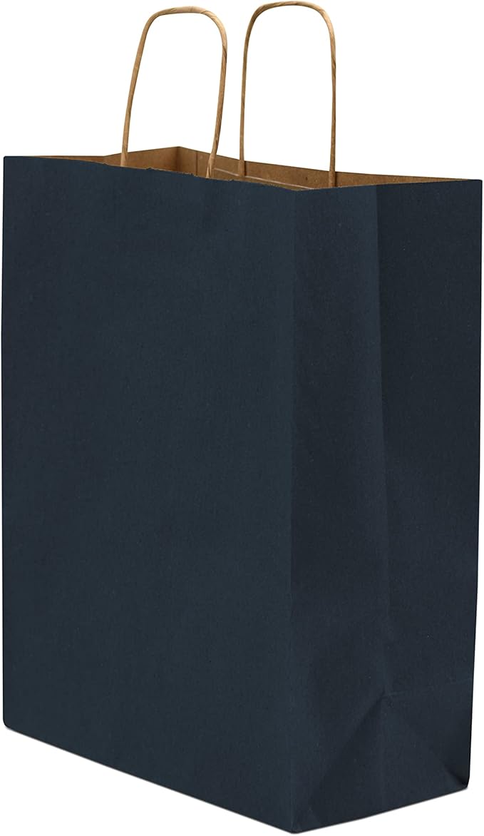 Prime Line Packaging Paper Gift Bags, Navy Blue Gift Bags with Handles, Medium Shopping Bags for Small Business, Retail, Boutiques, Graduation, Bulk, 10x5x13, 100 Pack