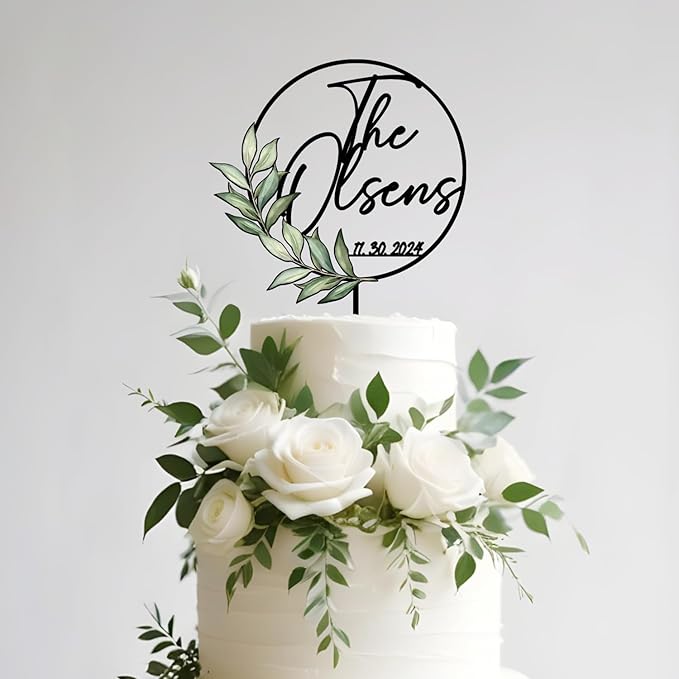 Personalized Wedding Cake Topper with Custom Bride & Groom's Last Name and Wedding Date Round Cake Decoration with Green Leaves