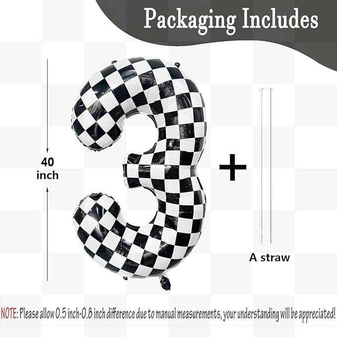 40 Inch Checkered Number Balloon 3 Black and White Number 3 Balloon Foil Helium Balloons for Birthday Party Decoration Girls Boys Baby Shower Anniversary Decoration Race Car Party Decoration