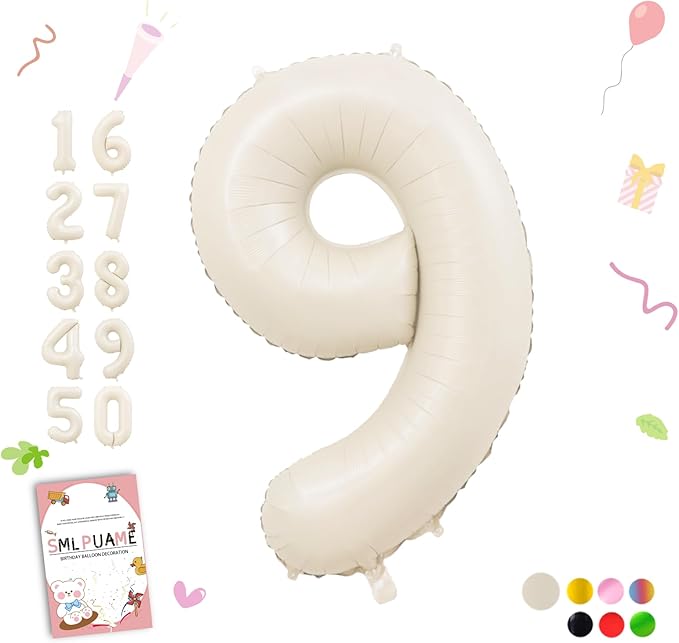 Smlpuame 40 Inch Beige Number 9 Balloons for 9th Birthday Decorations Boys Girl, Giant Self-Sealing Cream Foil Number 0-10 White Sand Balloon for Women Men Party Anniversary Baby Shower Supplies