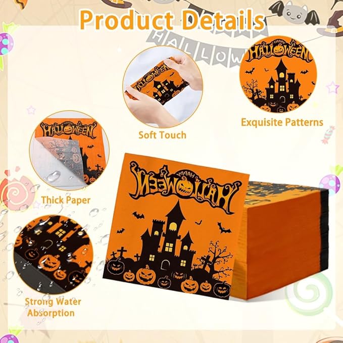 Halloween Napkins Disposable 100 Pcs Halloween Paper Napkins Decorative Haloween Bat Castle Cocktail Napkins Haloween Napkin Halloweens Dinner Napkin Guest Hand Towels for Halloweens Party Supplies