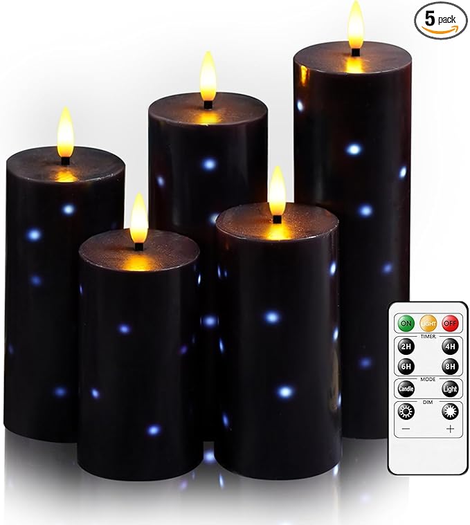 Flickering Flameless Candles with Remote Control and Timer Set of 5 Pc Real Wax LED Pillar Candles, Battery Operated Candles（D2.2×H5/5.5"/6"/7"/8"） Halloween Decorations Home Decor （Black）
