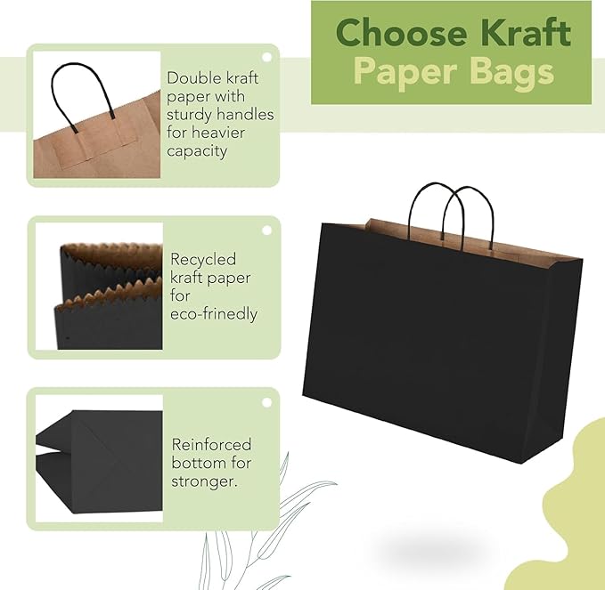 MESHA Gift Paper Bags 400 PACK 16x6x12 Inch Black Large Shopping Kraft Bags Bulk with Handles Reusable for Business,Grocery,Birthday,Wedding,Kids Party,Favors