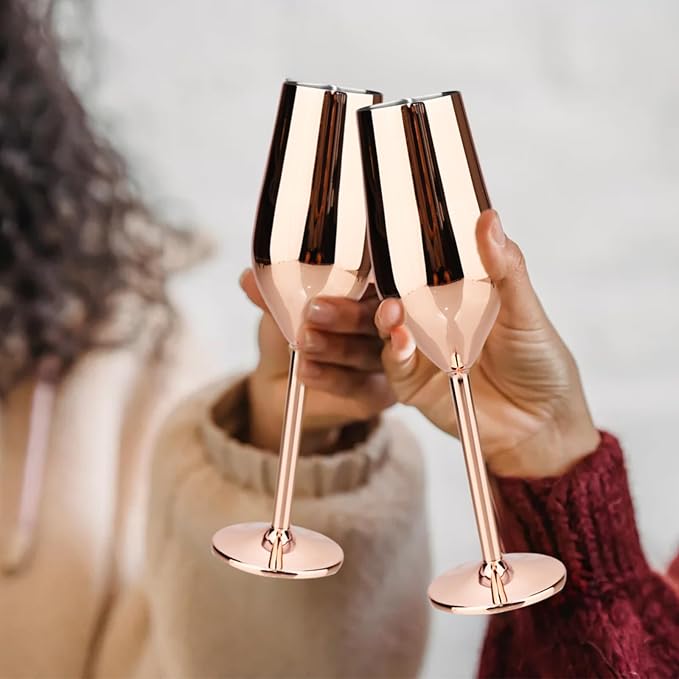 TJ Unbreakable 8 Oz Stainless Steel Champagne Flutes (4 Pack)- Rose Champagne Glasses - Reusable Indoor Outdoor Drinkware - Keeps Drink Cool for Longer - Gift Idea