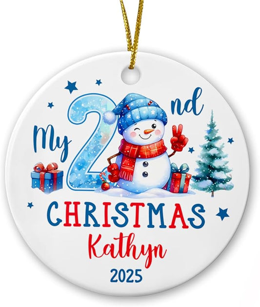 2025 Personalized Baby Second Christmas Ceramic Ornament, My 2nd Xmas Snowman Keepsake Gift for Son Daughter Grandkids, Custom Name & Year Xmas Tree Ornament for 2 Years Old Baby
