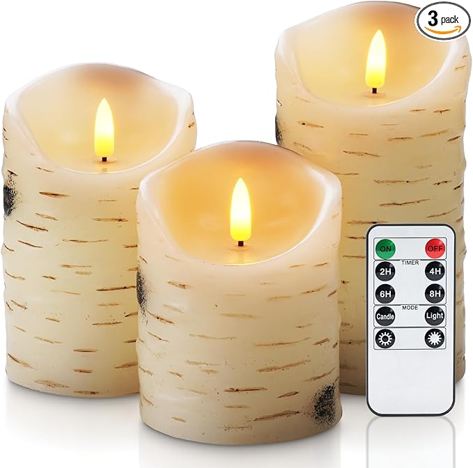 Homemory Birch Flameless Candles, LED Pillar Candles, Battery Operated Candles with Timer and Remote Control, D3 H4 5" 6", Wax, Set of 3