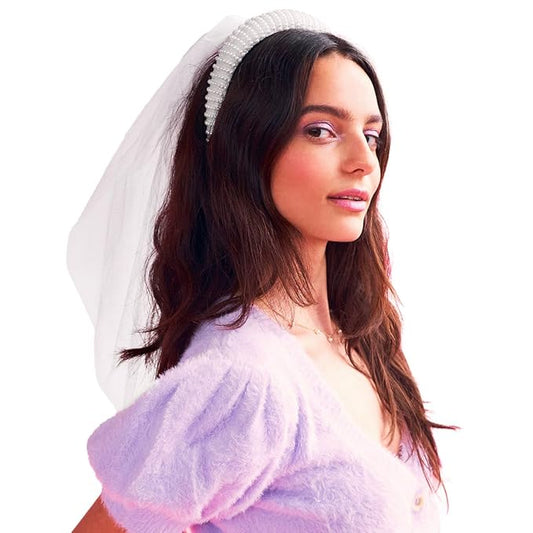 xo, Fetti Bachelorette Party Decorations Pearl Headband with Detachable Veil | White Headpiece Bridal Shower Gift, Bridesmaid Favors