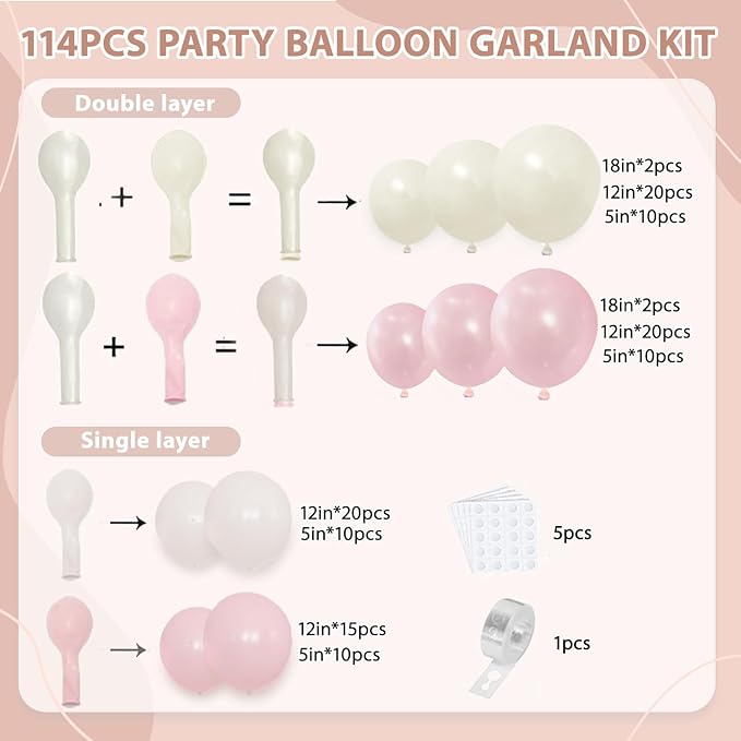 Pearl Pink White Balloons Garland, Double Stuffed Pearl Pink Sand White Balloon Arch Kit Pastel Pink Beige Nude Ivory Balloons for Birthday Bridal Shower Wedding Party Decor