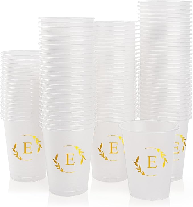 100 Monogrammed Cups Disposable Initial Plastic Cup 12 oz Wedding Personalized Cup for Wedding Reception Baby Shower Birthday Party(Letter E)