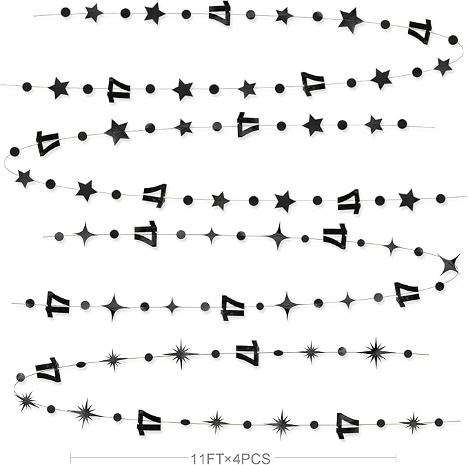 Black 17th Birthday Decorations Number 17 Circle Dot Star Garland Streamer Banner Backdrop for Girls Boys Cheers to 17 Years Old Birthday 17 and Fabulous Happy 17th Anniversary Party Supplies