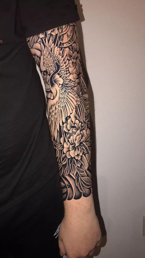 INKARTLINK Semi Permanent Tattoo, 2 Pieces Full Arm Large Size Art Party Tattoo, Comes with a Pair of Anti-Transfer Sleeves, Lasts 7-15 Days, Waterproof (Red-Crowned Crane and Flower)