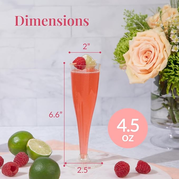 Prestee 100 Gold Plastic Champagne Flutes - 4.5 oz Disposable Champagne Glasses for Toasting at Weddings, Mimosas, Cocktails, Great Gatsby Party Decorations, and Events