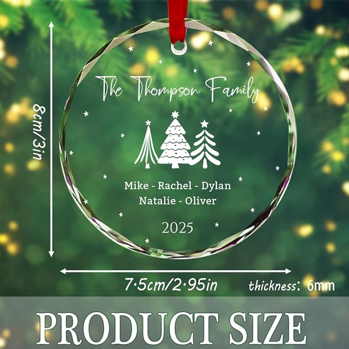 Personalized Round Christmas Crystal Glass Ornaments Custom 2025 Name Ornament for Tree Decor Customized First Christmas Tree Hanging Gifts for Family Friends