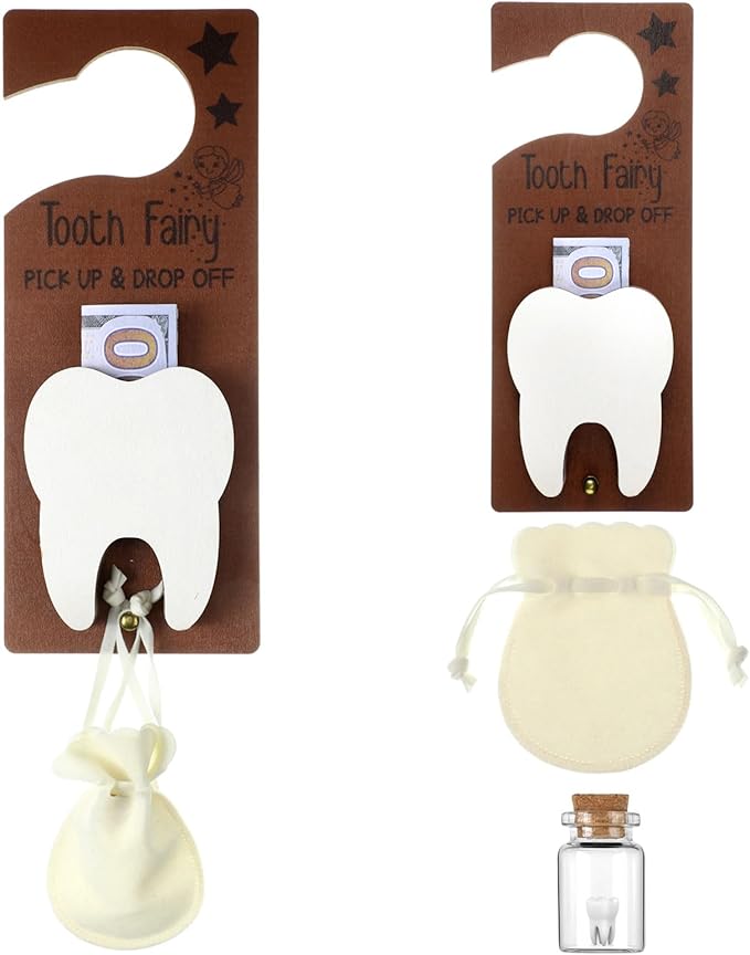 Tooth Fairy Holder Bag Hanger with Money Slot Keepsake Bottle Velvet Pouch Tooth Fairy Box Encourage Gift for Lost Teeth Boy Girl Milk(Classic,White)