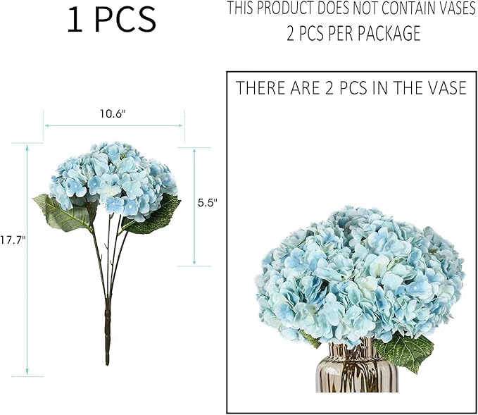 Kimura's Cabin 2Bouquets Fake Hydrangea Flowers Vintage Artificial Silk Flowers Bouquets 10Heads for Indoor Home Table Centerpieces Wedding Party Decoration (Light Blue, Pack of 2)