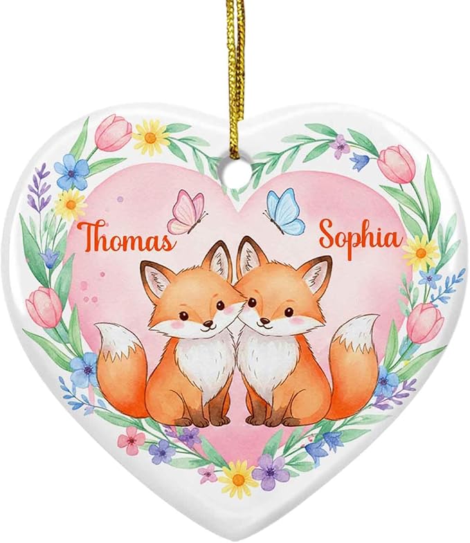 Cute Fox Couple Ornament Christmas 2025, Custom Names Foxes Lovers Ceramic Ornament Xmas, Animal Couple Keepsake Gifts for Couples Wedding Married, Personalized Mr & Mrs Fox Ornaments Xmas Tree