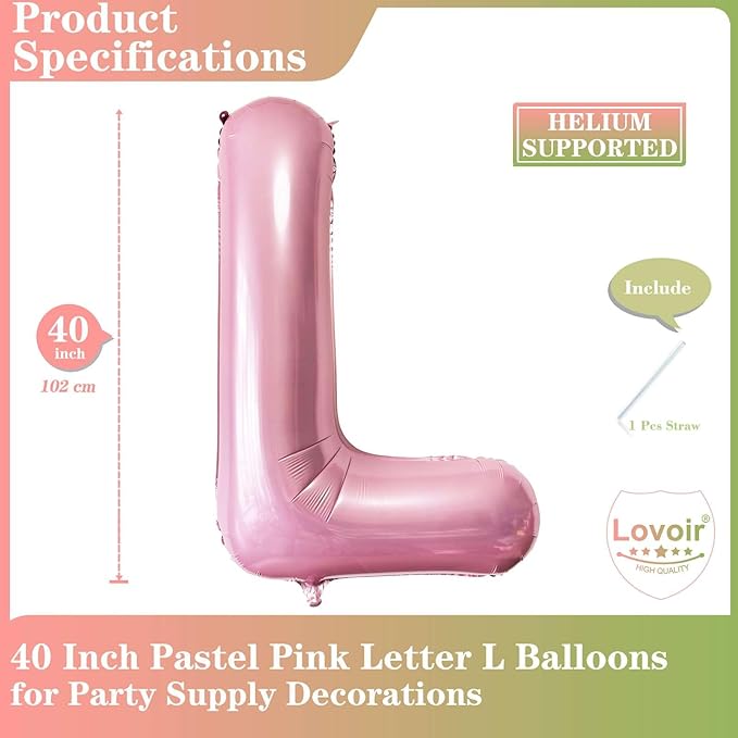 Lovoir 40 Inch Pastel Pink Letter L Balloons, 1 Pcs, Alphabet, Letter Balloons, Unisex Adults, All Ages, Wedding, Anniversary, Birthday