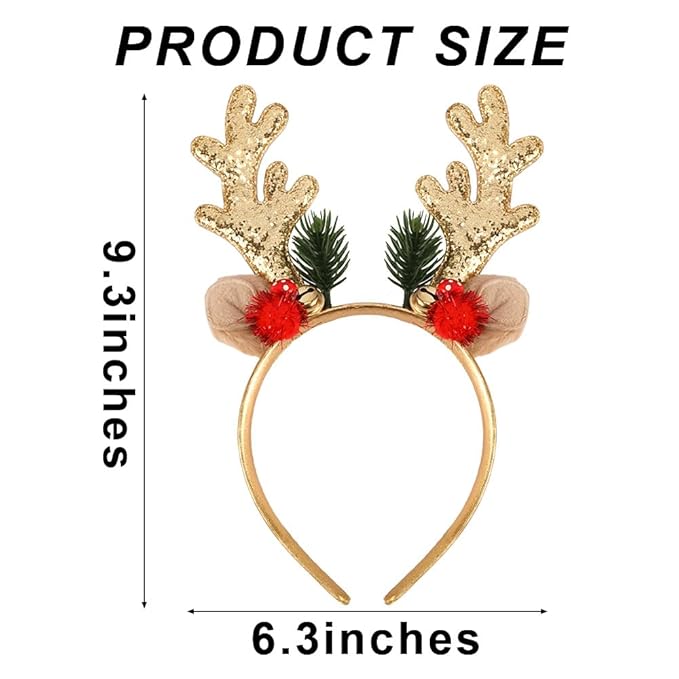 TODDER Gold Christmas Headband, Reindeer Antlers Ears Headband for Adults and Kids, Christmas Hair Accessories Deer Antlers Costumes for Themed Parties and Cosplay