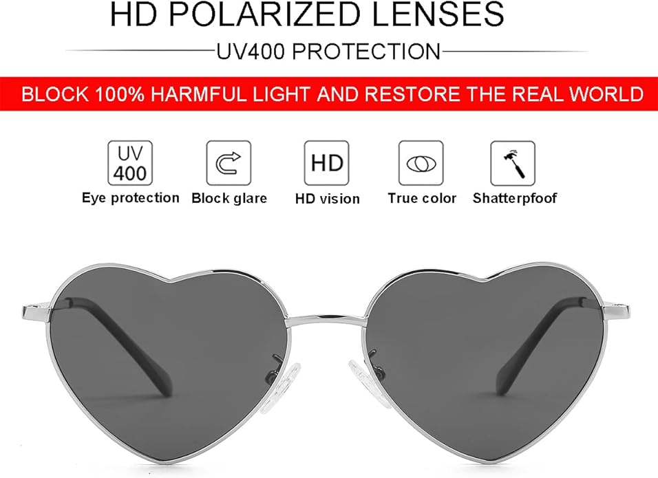 JOVAKIT Polarized Heart Sunglasses for Women Fashion Lovely Style Metal Frame UV400 Protection Lens